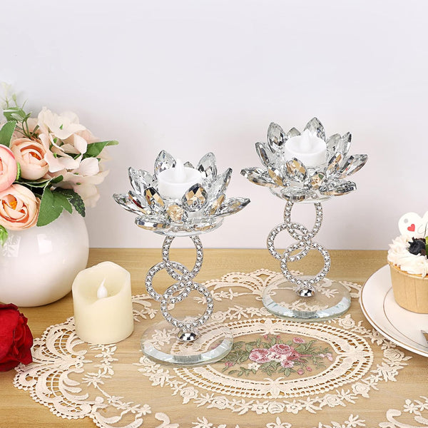 Ownmy Set of 2 Crystal Lotus Flower Candlestick Holders Metal Glass Lotus Pillar Candle Holders, Silver Crystal Lotus Votive Candlesticks Tealight
