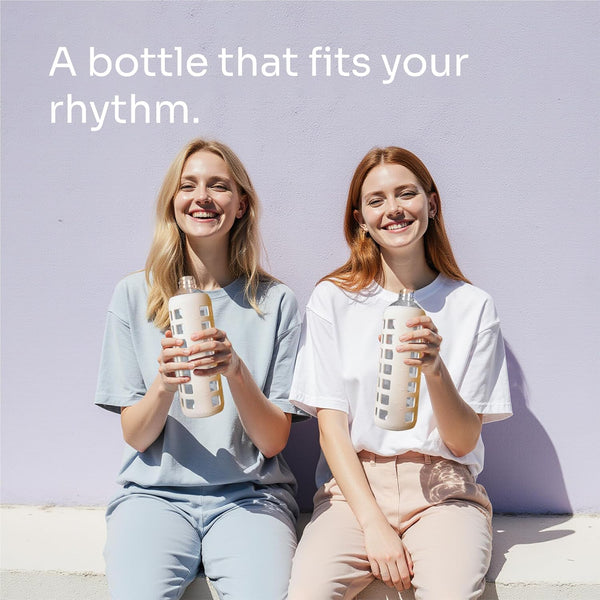 Purifyou 40/32/22/12 Oz Borosilicate Glass Water Bottles with Volume Markers, Silicone Sleeve, Stainless Steel Lid, Reusable Bottle for Water,