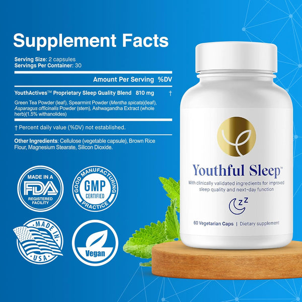 Youthful Sleep | Natural Sleep Support, No Melatonin, Supports Deep Rest and Improved Next-Day Function, Safe for Daily Use | 60 Capsules (1-Month