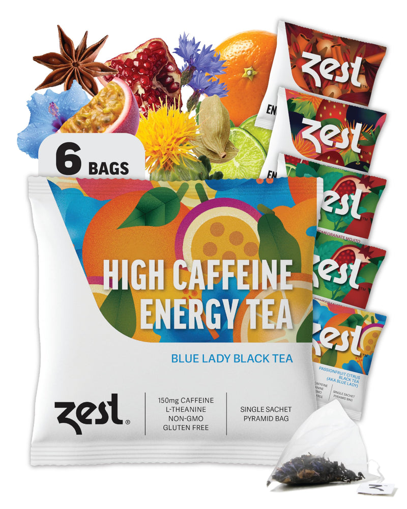 Zest 135-150Mg High Caffeine Energy Leaf Blends - Variety Mini Sampler Pack - Black Tea & Green Tea - 6 Tea Bags - Natural Strong Flavored Healthy
