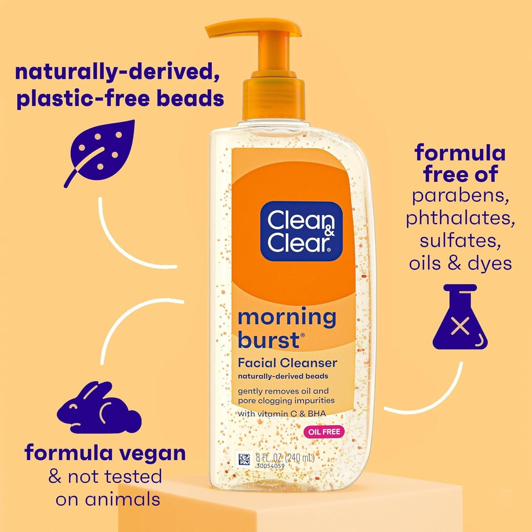 Clean & Clear Morning Burst Oil-Free Facial Cleanser with Brightening Vitamin C, Ginseng, and Gentle Daily Brightening Face Wash for All Skin Types, Hypoallergenic, 8 Fl. Oz