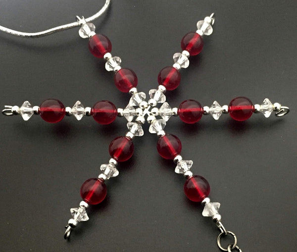 RUNNER GIRL Ornament - Beaded Snowflake Christmas Ornament/Gift Tag with round Pewter Runner Girl Charm with Jewelry Box - Handmade with Red