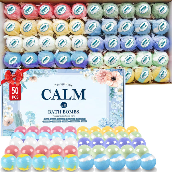 Bath Bombs Set with 10 Rich Scents, 50 PCS Bath Bombs for Women, Natural Bubble Bombs with Shea Butter & Safe Oil, Ideal for Christmas, Birthday,