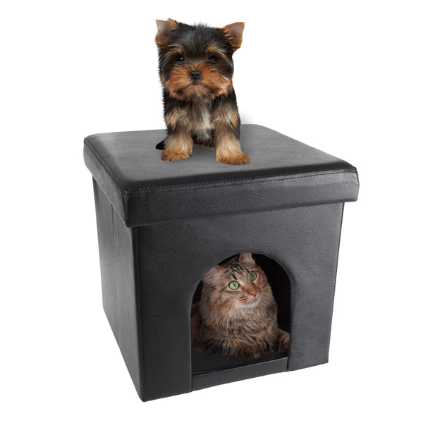 Cat House â Collapsible Multipurpose Small Dog or Cat Ottoman with Footrest, Cushioned Top, and Interior Pillow by PETMAKER (Black)