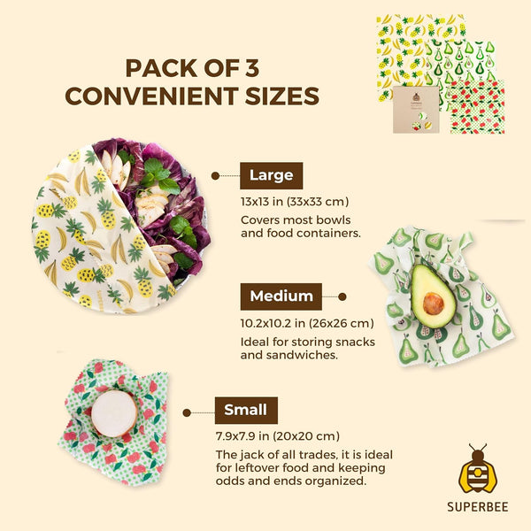SUPERBEE Beeswax Wrap for Food, Set of 3 Bees Wax Wraps, Reusable Bees Paper for Wrapping Vegetables, Cheese, Bowl Covers and Sandwich Wrapping