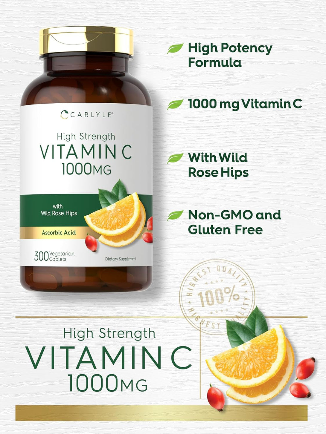 Carlyle Vitamin C 1000Mg | 300 Vegetarian Caplets | Ascorbic Acid with Wild Rose HIPS | High Strength Formula | Non-Gmo and Gluten Free Supplement