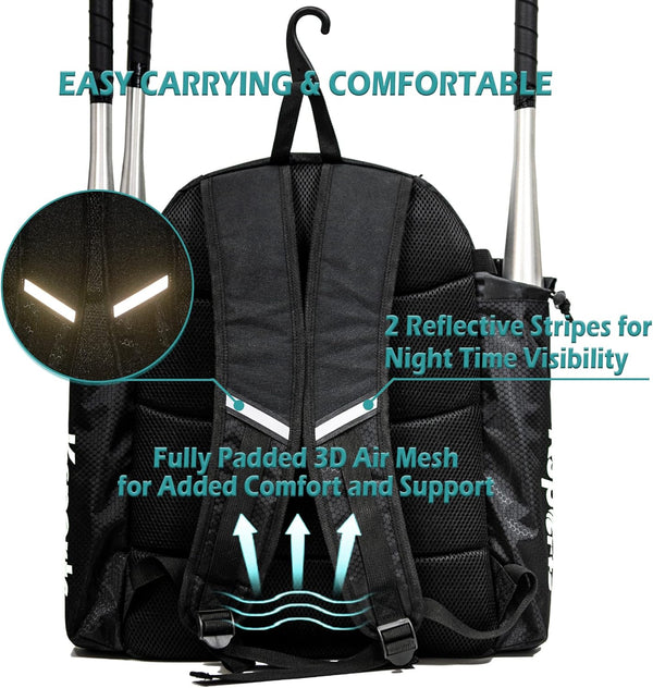 Ksports Baseball Backpack - Durable T-Ball & Softball Equipment Bag - Bat, Helmet, Glove, Gear Storage - Shoe Compartment & Fence Hook - Ideal for