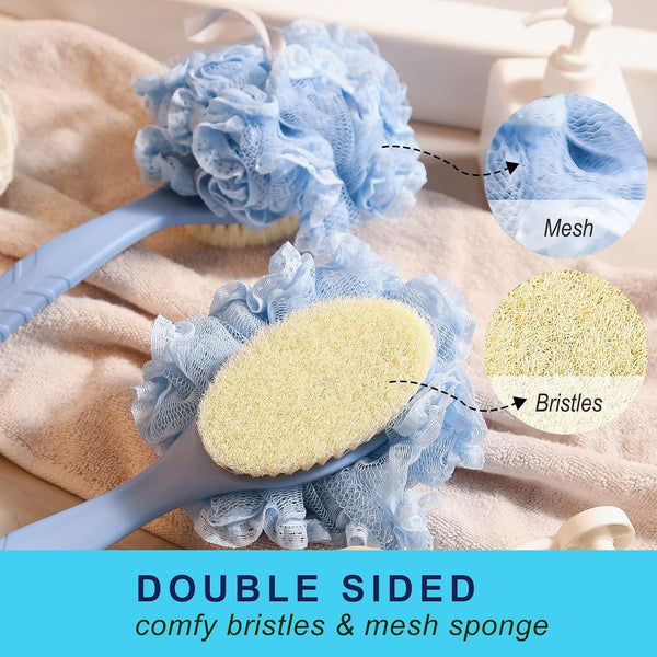 [2Nd Generation] Shower Body Brush with Bristles and Loofah,Back Scrubber Bath Mesh Sponge with Curved 16" Long Non-Slip Handle Skin Exfoliating