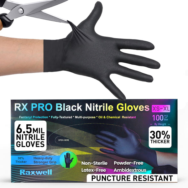 Raxwell Heavy Duty Disposable Gloves Latex Free | 6.5 Mil Black Nitrile Gloves X-Large | 100 Count Powder Free & Chemical Resistant | Food Grade,