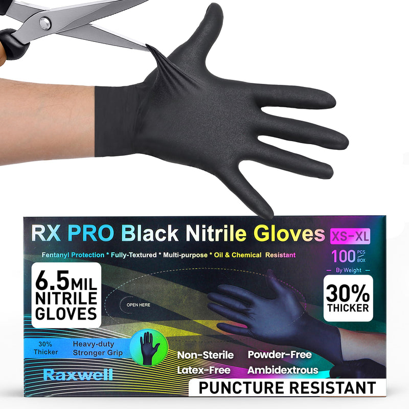 Raxwell Heavy Duty Disposable Gloves Latex Free | 6.5 Mil Black Nitrile Gloves X-Large | 100 Count Powder Free & Chemical Resistant | Food Grade,