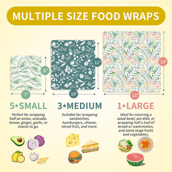 Beeswax Food Wrap, Reusable Beeswax Wraps Storage Set 9-Pack (5S 3M 1L), Organic and Beeswax Wraps Reusable, Sustainable Alternative/Flowers Grass