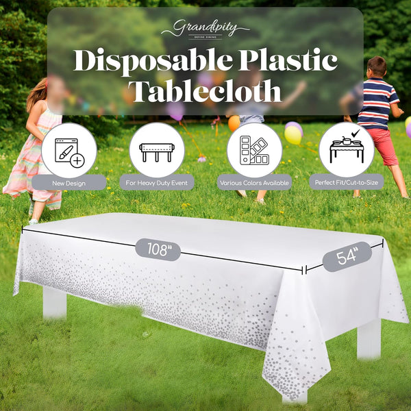 Grandipity Grey Dot on White 12 Pack Premium Disposable Plastic Tablecloth 54 Inch X 108 Inch. Decorative Rectangle Table Cover