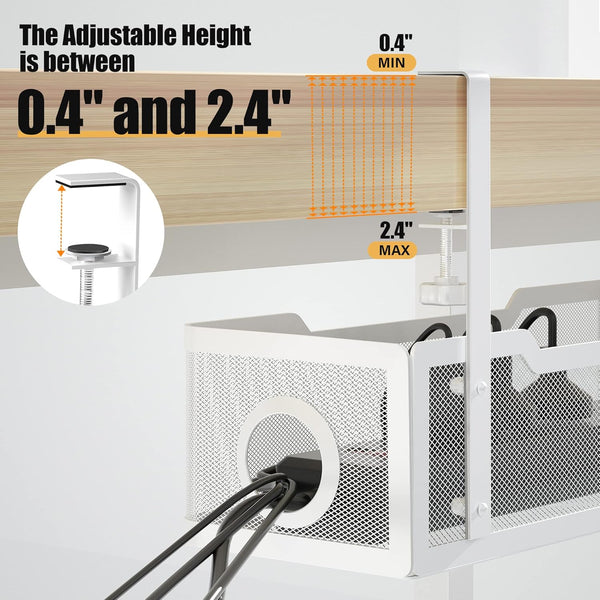 Under Desk Cable Management Tray White, Cinati Wire Organizers No Drill, Cable Tray with Clamp for Wire Management, Cord Organization Box for