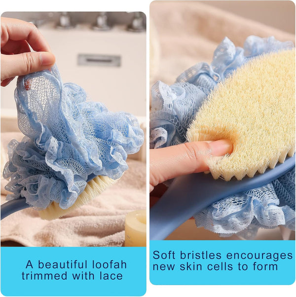 [2Nd Generation] Shower Body Brush with Bristles and Loofah,Back Scrubber Bath Mesh Sponge with Curved 16" Long Non-Slip Handle Skin Exfoliating