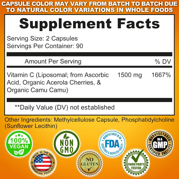 Liposomal Vitamin C Capsules - 1500Mg - Made with Organic Acerola Cherries & Camu Camu, High Potency Vitamin C Liposomal - Immune Support