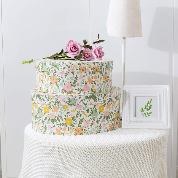Soul & Lane Spring Fling Oval Decorative Keepsake Boxes with Lids - Set of 2: Floral Pattern Cardboard Containers, Stackable Retro Mache