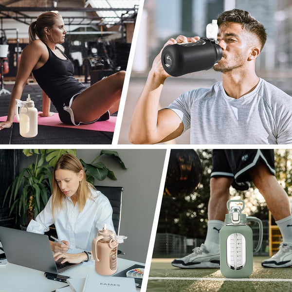 64 Oz Glass Water Bottle with Straw and Handle Half Gallon Water Jug with Silicone Sleeve Large Water Bottle for Office, Gym, Outdoor Sports