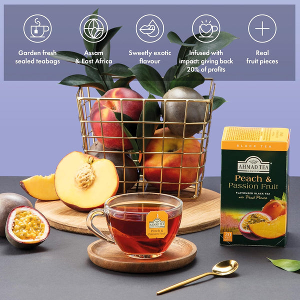 Ahmad Tea Black Tea, Peach and Passion Fruit Teabags, 20 Ct (Pack of 6) - Caffeinated and Sugar-Free