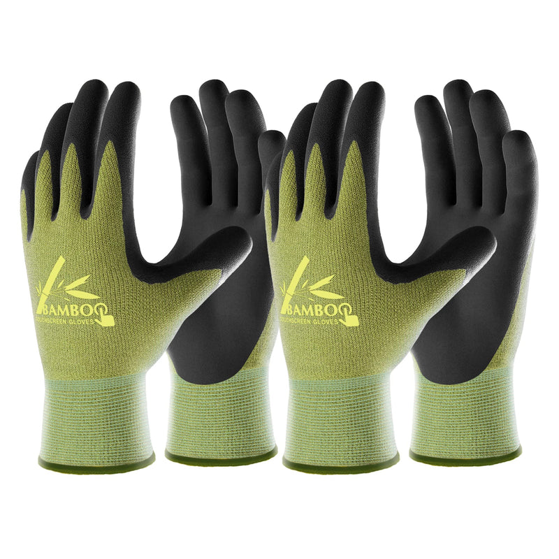 COOLJOB 2 Pairs Gardening Gloves for Women and Men, Bamboo Working Gloves Touchscreen, Grippy Nitrile Rubber Coated Work Gloves, Green/Black,