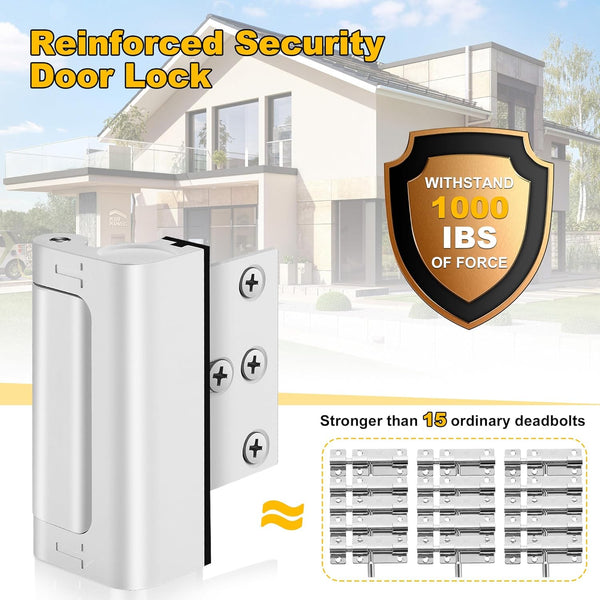 Home Security Door Lock, Upgraded Metal Door Reinforcement Lock, 3" Withstands 800 Lbs of Impact for Inward Swing Doors, Defender Security Door