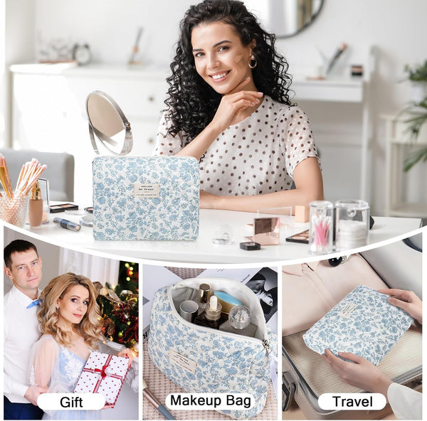Floral Makeup Bag, Large Cosmetic Bag for Women Girls, Cute Cotton Make up Pouch, Quilted Makeup Bags, Flower Travel Toiletry Organizer Bag(Blue