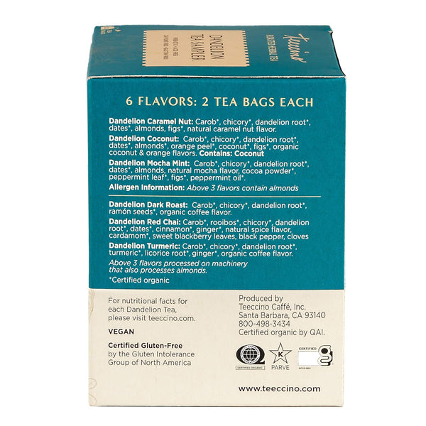 Teeccino Dandelion Tea Sampler - Caramel Nut, Coconut, Dark Roast, Mocha Mint, Red Chai, Turmeric - Roasted Herbal Tea, Caffeine Free & Prebiotic