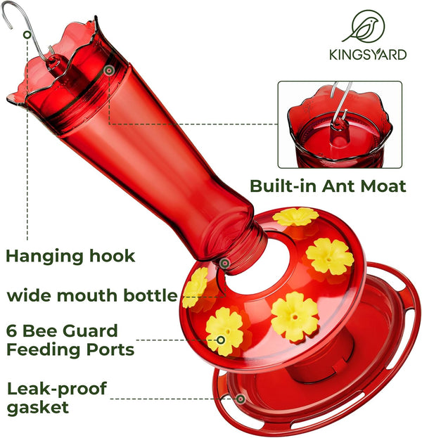 Kingsyard Glass Hummingbird Feeder for Outdoors Hanging - 6 Bee Guard Feeding Ports & Built-In Ant Moat, Wild Bird Feeder for outside Garden Yard