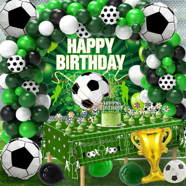 Soccer Party Decorations, 122Pcs Soccer Birthday Party Decorations Supplies with Latex Balloons Happy Birthday Banner Tablecloth and Cake Toppers