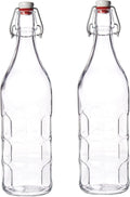 Bormioli Rocco Set of 2 Moresca Bottles, 33.75 Oz. Clear Textured Glass, with Swing Top Hermetic Lid, Leak Proof Water Bottle, Dishwasher Safe,