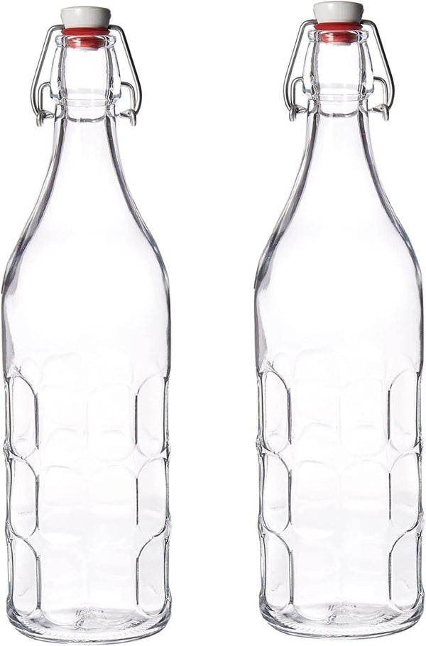 Bormioli Rocco Set of 2 Moresca Bottles, 33.75 Oz. Clear Textured Glass, with Swing Top Hermetic Lid, Leak Proof Water Bottle, Dishwasher Safe,