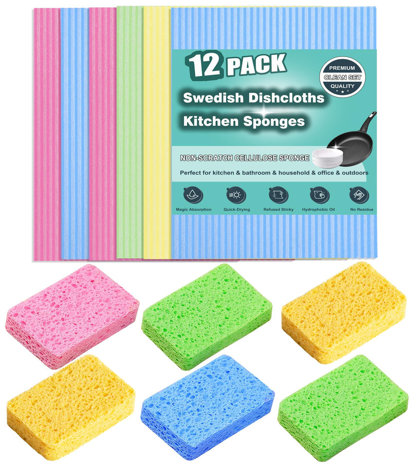 MEUUT 12 Packs Swedish Dishcloths and Kitchen Sponges for Cleaning, Reusable Absorbent Compressed Cellulose Cleaning Sponge Dish Clothes for