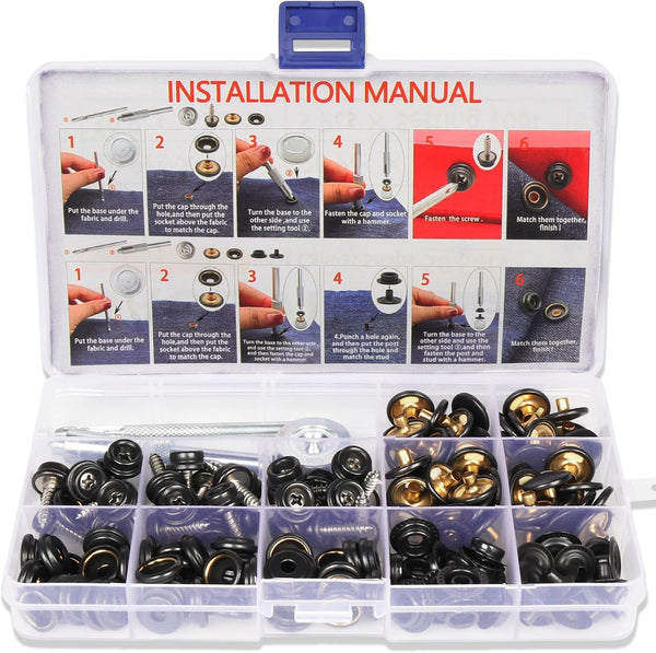 Weiwei 173 PCS Canvas Snap Kit 2 Types Marine Grade 3/8" Socket Boat Snaps Buttons with Setting Tool Stainless Steel Heavy Duty Metal Snaps