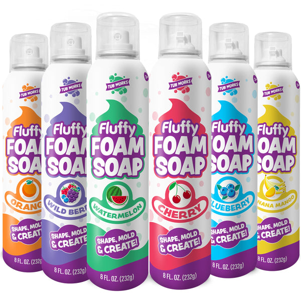 Tub Works® Fluffy Foam Soap, Variety 6 Pack | Shape, Mold & Create Bath Art with Soft Bath Foam for Kids | Gentle, Cleansing Kids Bath Soap |