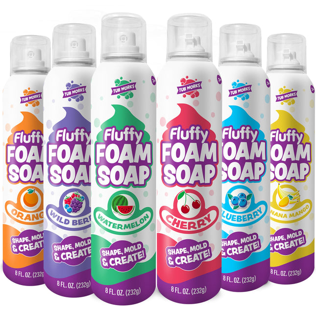 Tub Works® Fluffy Foam Soap, Variety 6 Pack | Shape, Mold & Create Bath Art with Soft Bath Foam for Kids | Gentle, Clean