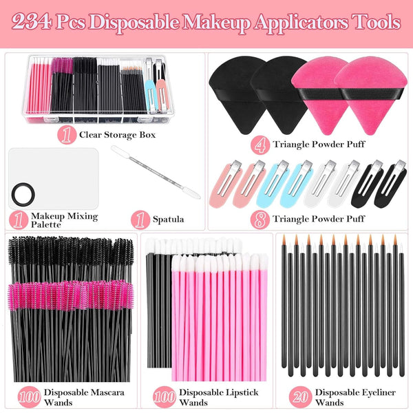 Disposable Applicators Kit with Makeup Puff, Mixing Palette, Artist Supplies, Accessories, Mascara Wands, Lip Brushes, Hair Clips, Powder Puffs