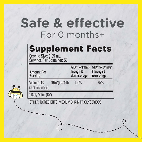 Zarbee'S Vitamin D Drops for Infants, 400IU (10Mcg) Baby & Toddler Liquid Supplement, Newborn & Up, Dropper Syringe Included, 0.47 Fl Oz
