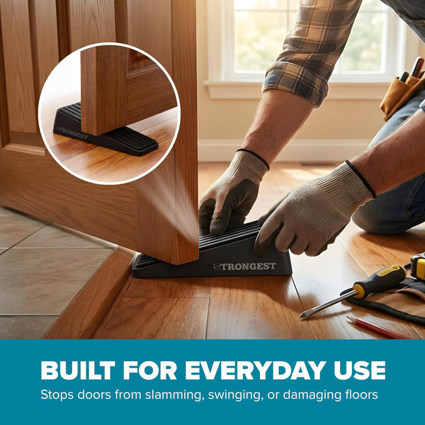 Strongest Home Door Stopper, Heavy Duty Door Stop Wedge Made of Premium Quality Zinc and Rubber Suits Any Door, Any Floor. plus 2 Self Adhesive