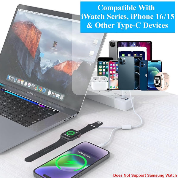 3 in 1 Short Charger for Apple Watch - Portable Charging Cable USB C & USB a Compatible with Iwatch Series Ultra 2/SE 2/10/9/8/7/6-1, Iphone 16/15
