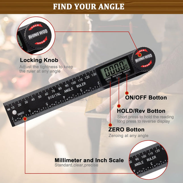 Digital Angle Finder Protractor, Angle Finder Ruler with 7Inch/200Mm, Angle Measuring Tool for Woodworking/Carpenter/Con