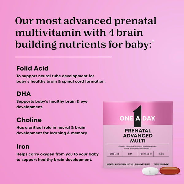 One a Day Womens Prenatal Advanced Complete Multivitamin with Brain Support* with Choline, Folic Acid, Omega-3 DHA & Iron for Pre, during and Post
