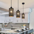 Industrial Black Pendant Light Fixture Vintage Farmhouse Mini Black Gold Pendant Lighting Rustic Hollow-Carved Cylinder Pendant Light for Kitchen