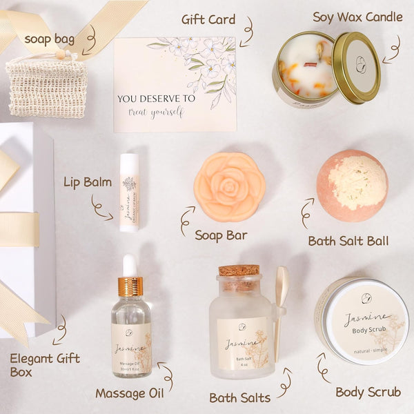 Spa Gifts for Women Mothers Day Gifts Jasmine Bath Gift Baskets Relaxing Self Care Gift for Mom Girlfriend Sister Wife Auntie Home Bath Care
