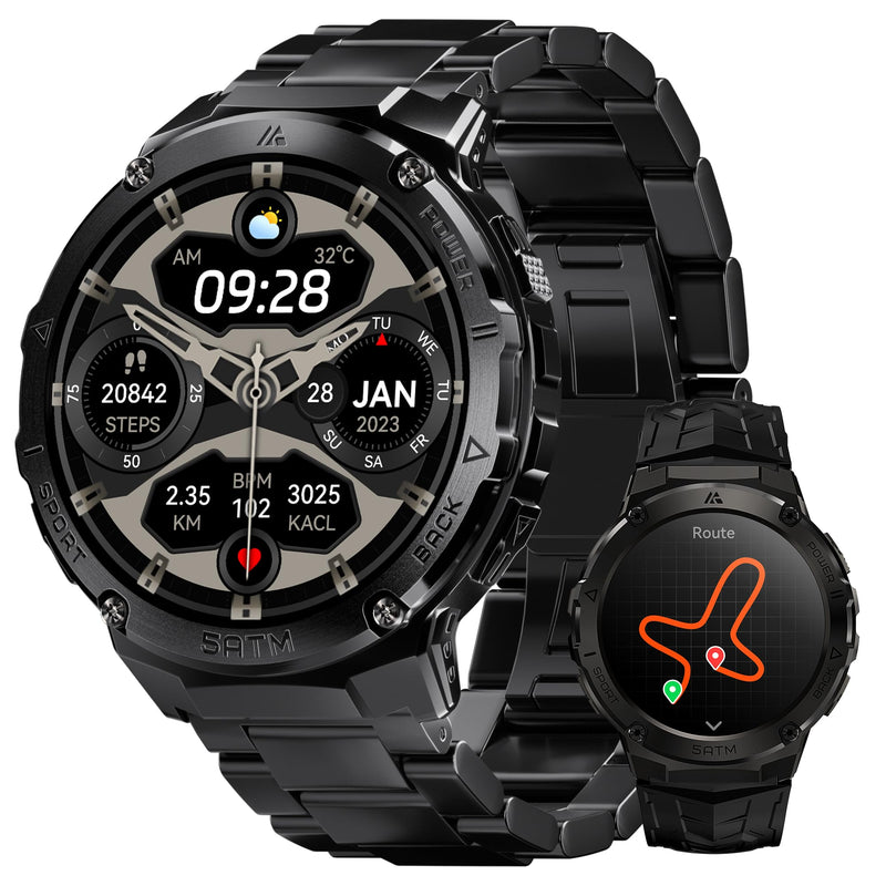 Smart Watches for Men GPS, Pressure,Altitude,Compass, 480Mah Extra-Large Battery, 50M Waterproof, Full Metal Body Rugged Smartwatch, Answer/Make