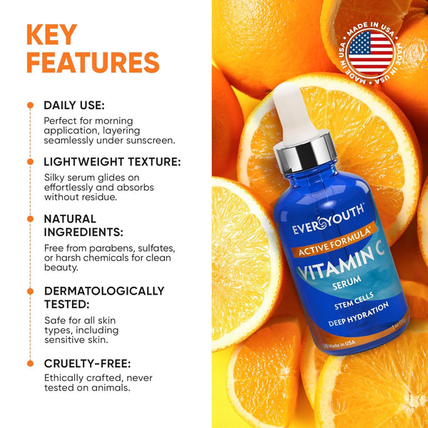 Vitamin C Serum for Face, Stem Cells, Niacinamide, Hyaluronic Acid & Vitamin E – Anti-Aging Retinol Facial Serum with Glycolic Acid & Retinal for