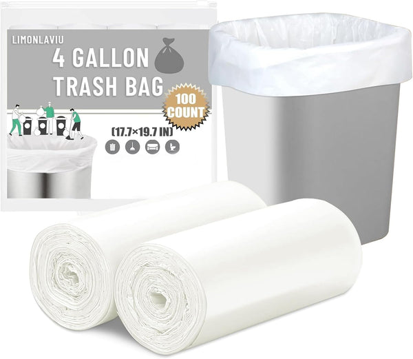 Limonlaviu Small Garbage Bags - 4 Gallon, 100 Count Unscented White Mini Trash Bags for Bathroom Can