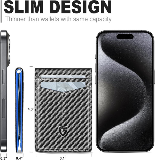 GSOIAX Slim Wallet for Men Leather Carbon Fiber RFID Blocking Minimalist Front Pocket Bifold Mens Wallet with ID Window,12 Credit Card Holders