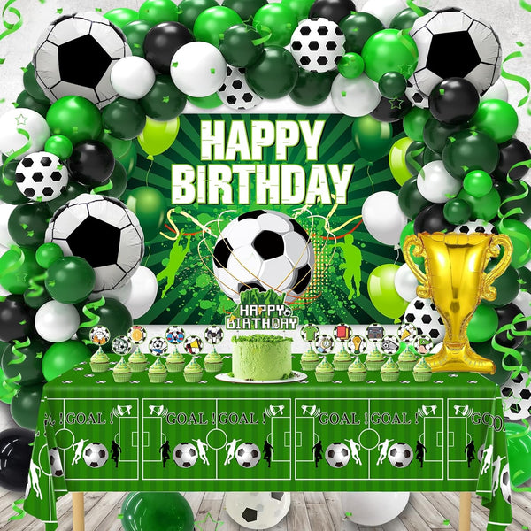 Soccer Party Decorations, 122Pcs Soccer Birthday Party Decorations Supplies with Latex Balloons Happy Birthday Banner Tablecloth and Cake Toppers