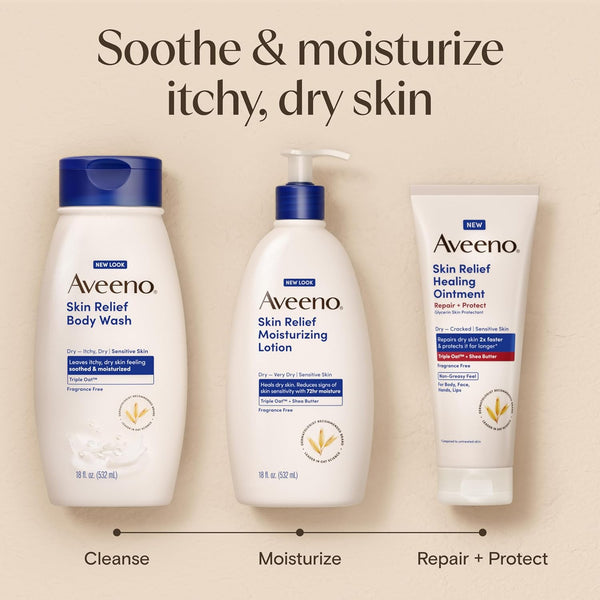 Aveeno Skin Relief Moisturizing Lotion for Very Dry, Itchy Skin with Soothing Triple Oat & Shea Butter Formula, Fragrance Free, 12 Fl. Oz