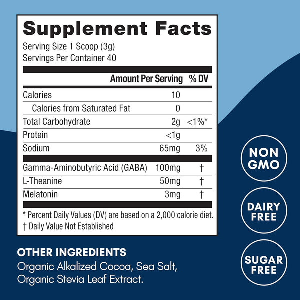 Mindful Evening Sugar Free Cocoa Mix Natural Sleep Aid, 40 Servings, Melatonin 3Mg, L-Theanine, GABA Supplements, Natural Calm Sleep Support