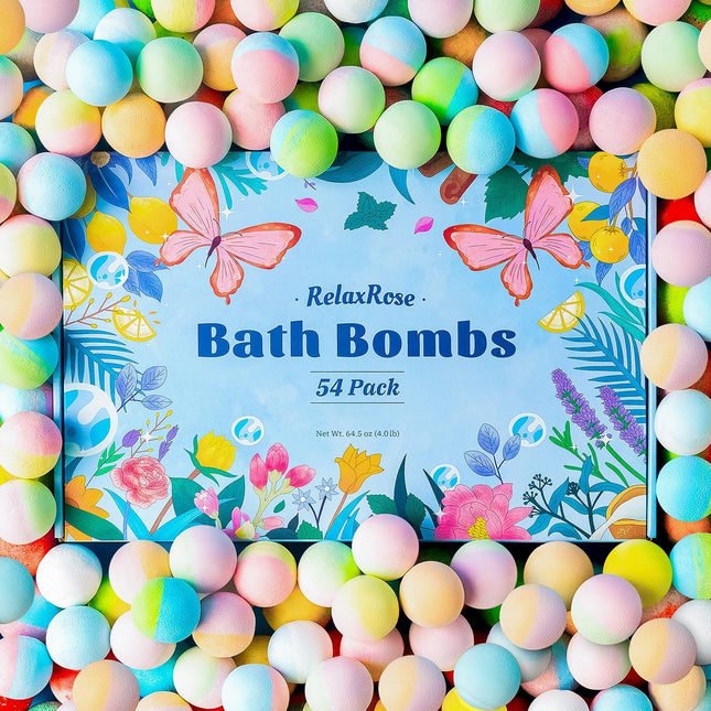 54 Pack Handmade Bath Bombs â 11 Vibrant Colors & 9 Unique Scents, Long-Lasting Fizzy Bubbles & Colorful Magic, 7-Minu